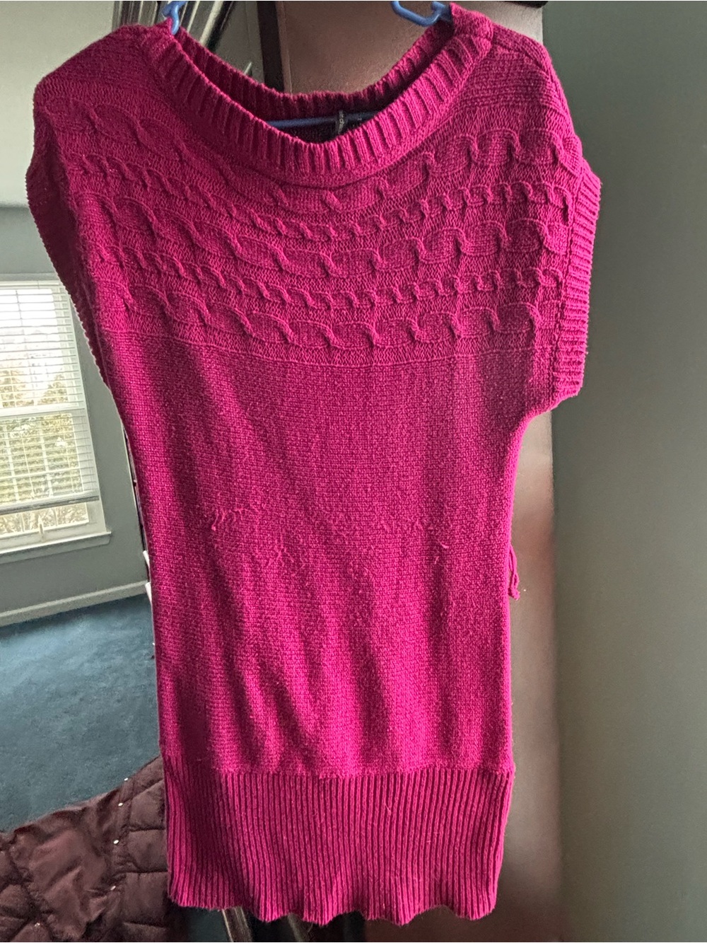 take out Fuchsia Cable Yoke Crewneck Sweater Dress